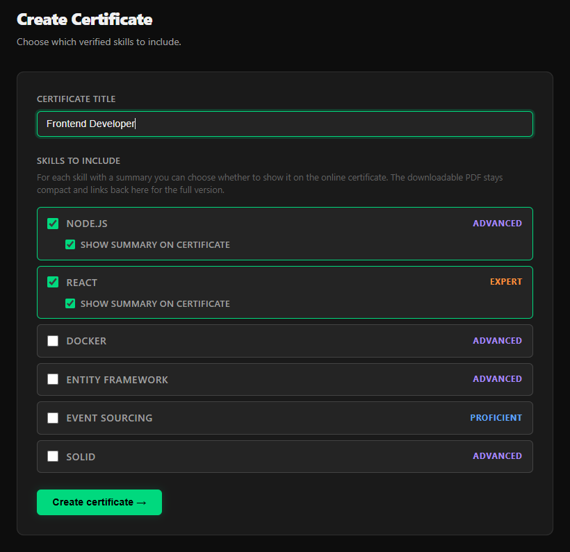 Bundling rated skills into a certificate