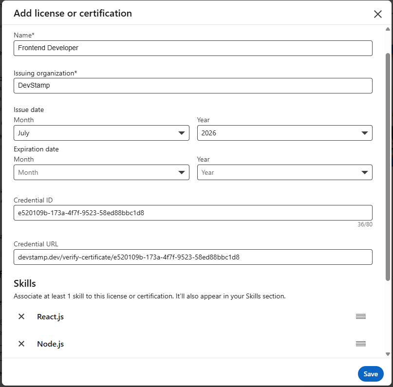 Adding the certificate under LinkedIn Licenses and certifications